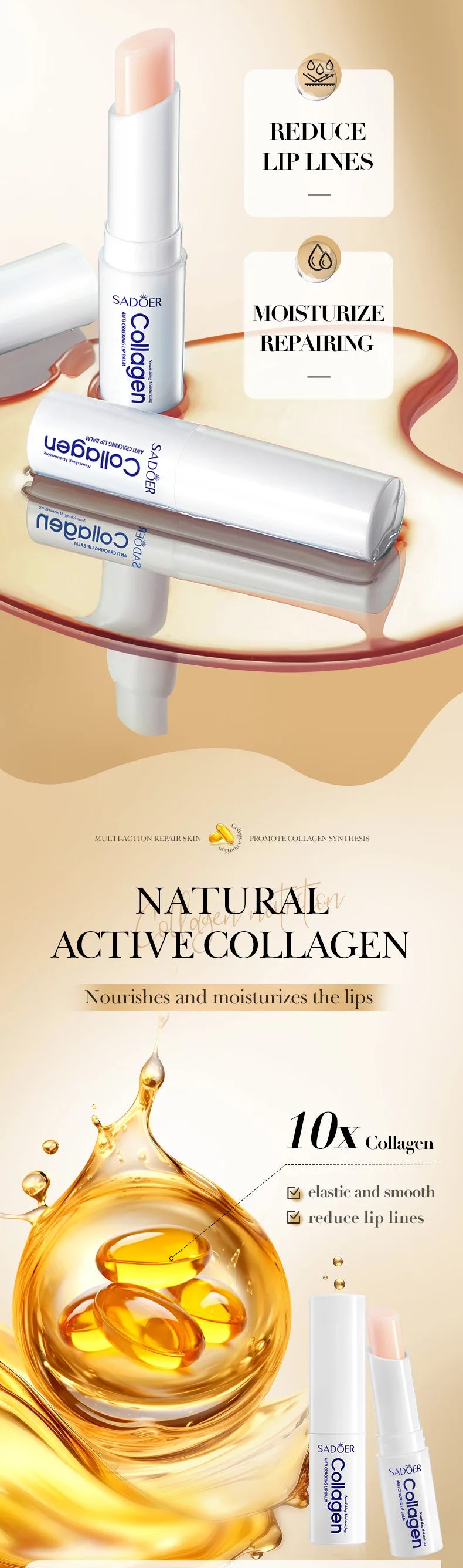 SADOER Collagen Lip Balm Moisturizing Anti Cracking Brightening  Repair Nourishing Hydrating Lipstick Lips Skin Care Products